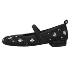 Women's Ballet Flats with Floral Glitter Design and Adjustable Strap