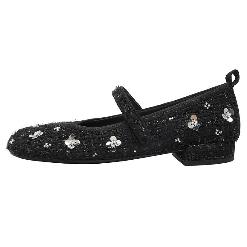 Women's Ballet Flats with Floral Glitter Design and Adjustable Strap