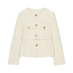 Elegant Women's Tweed Jacket with Double-Breasted Button Front and Pockets
