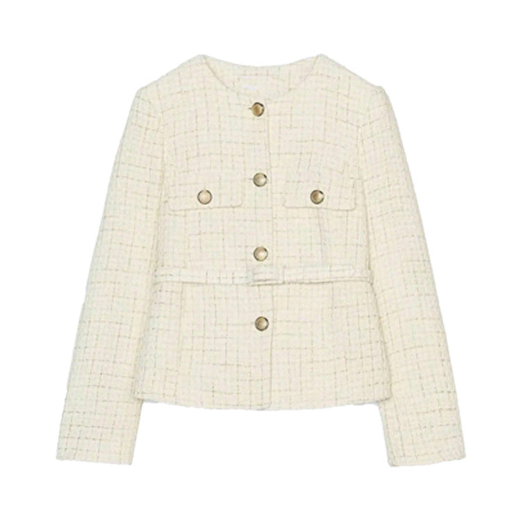 Elegant Women's Tweed Jacket with Double-Breasted Button Front and Pockets