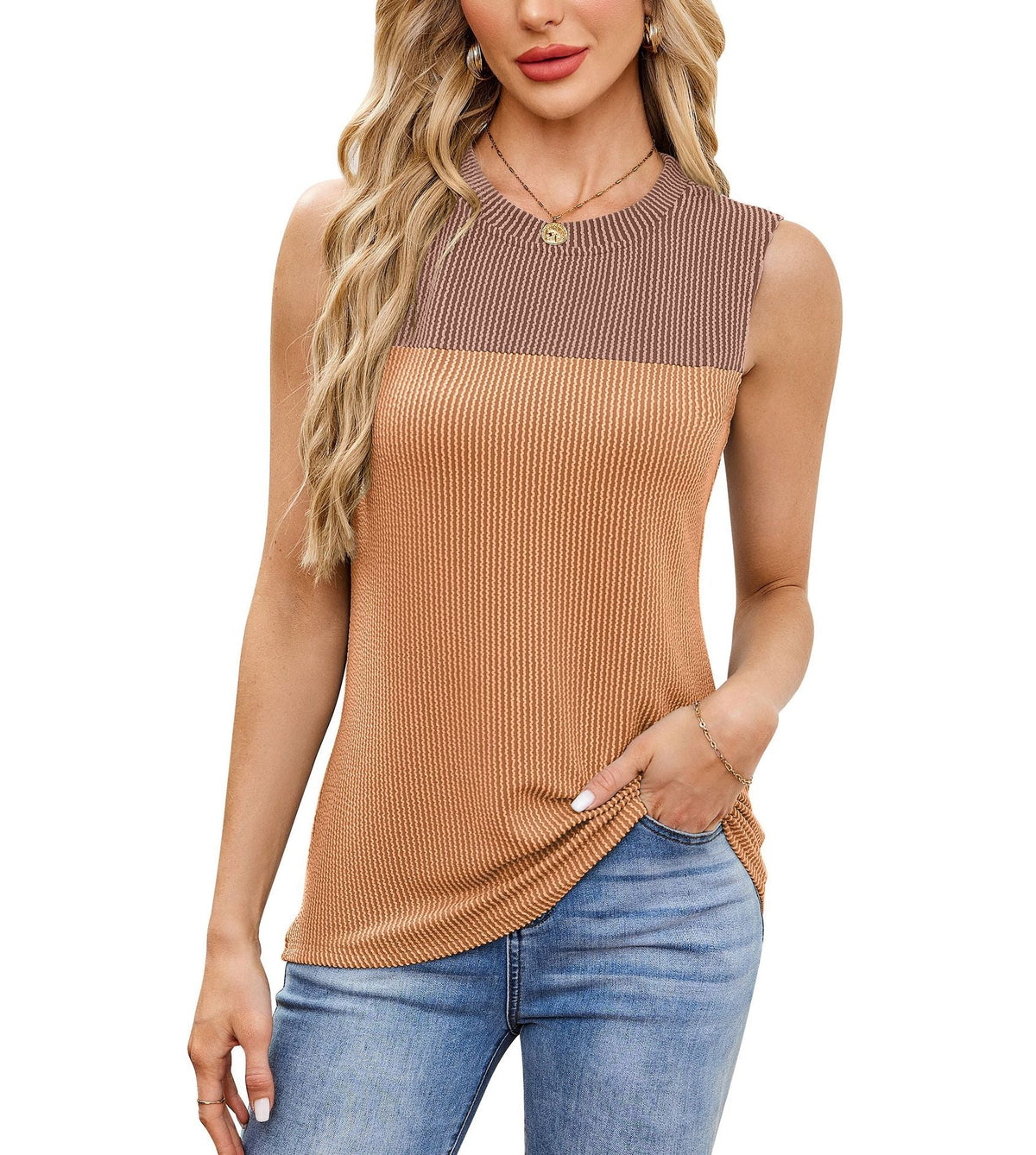 Sleeveless Ribbed Boat Neck Top with Side Pockets