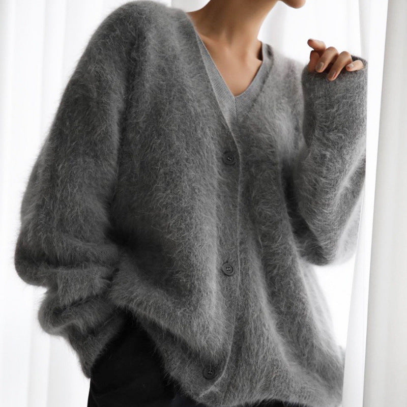 Women's Fluffy Cardigan with V-Neck and Oversized Cut