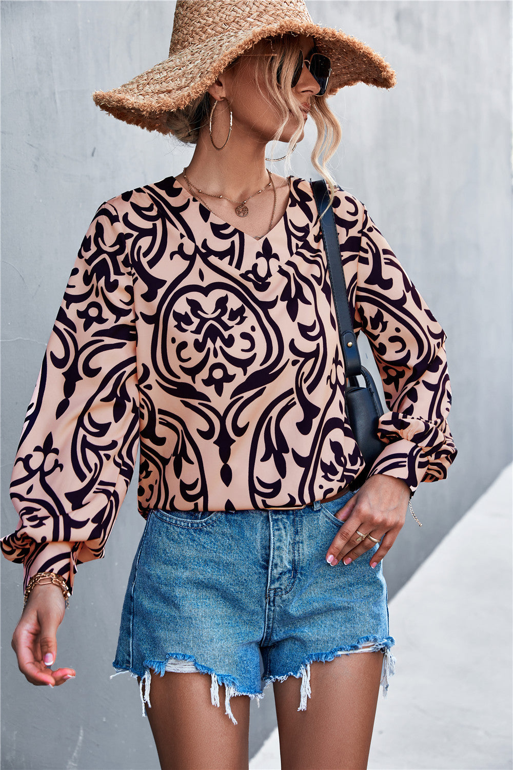 Women's Blouse with Elegant Baroque Pattern and Puff Sleeves
