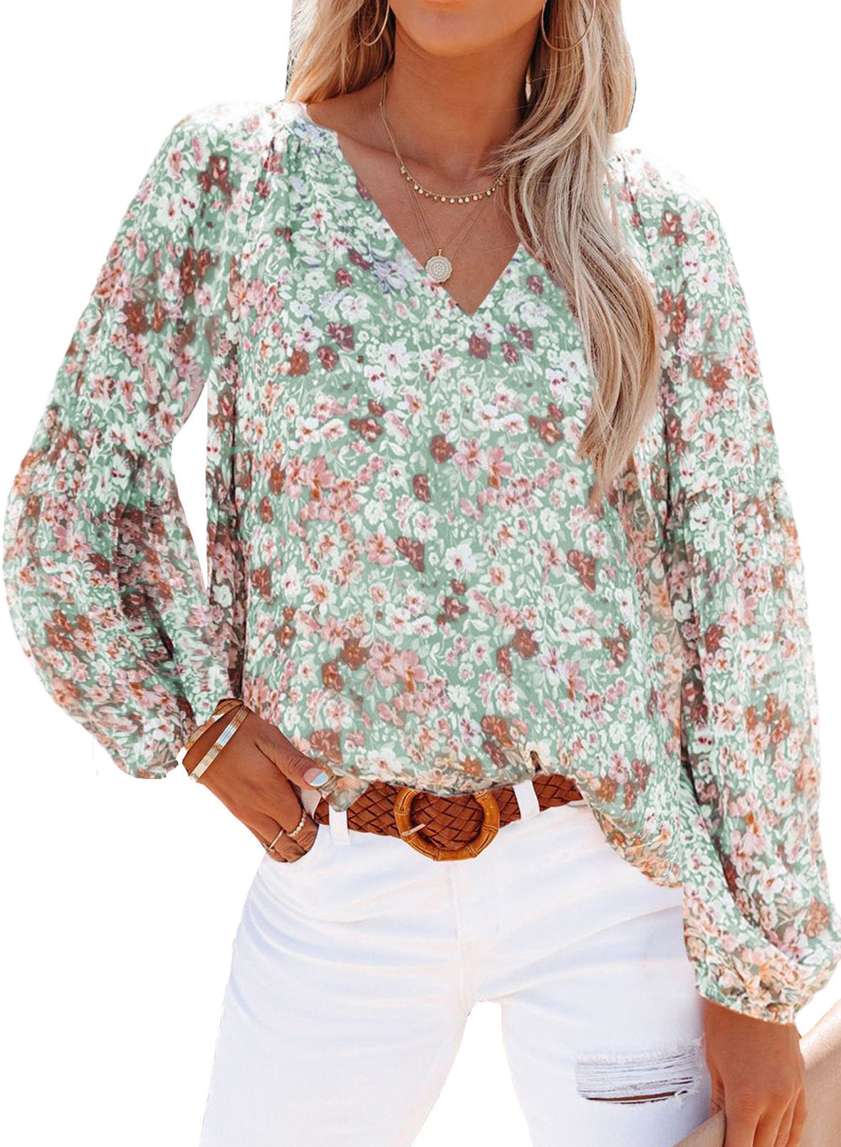 Women's Floral Blouse with V-Neck