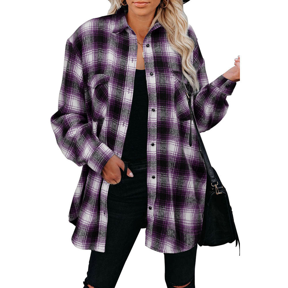 Women's Plaid Cotton Flannel Shirt with Chest Pockets
