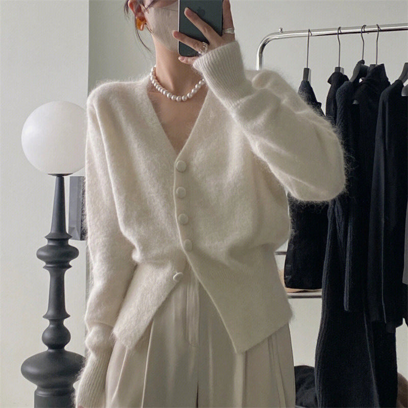 Women's Fluffy Cardigan with V-Neck and Decorative Buttons