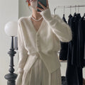 Women's Fluffy Cardigan with V-Neck and Decorative Buttons
