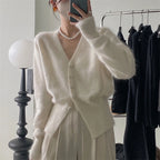 Women's Fluffy Cardigan with V-Neck and Decorative Buttons