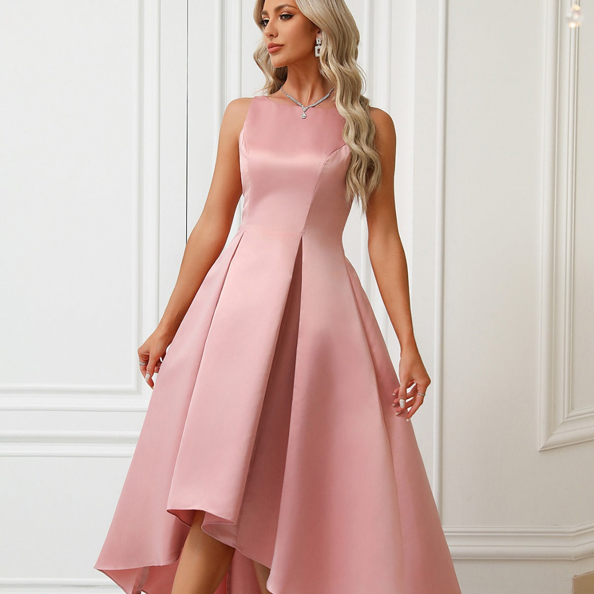Women's Asymmetric Satin Evening Dress with Draping