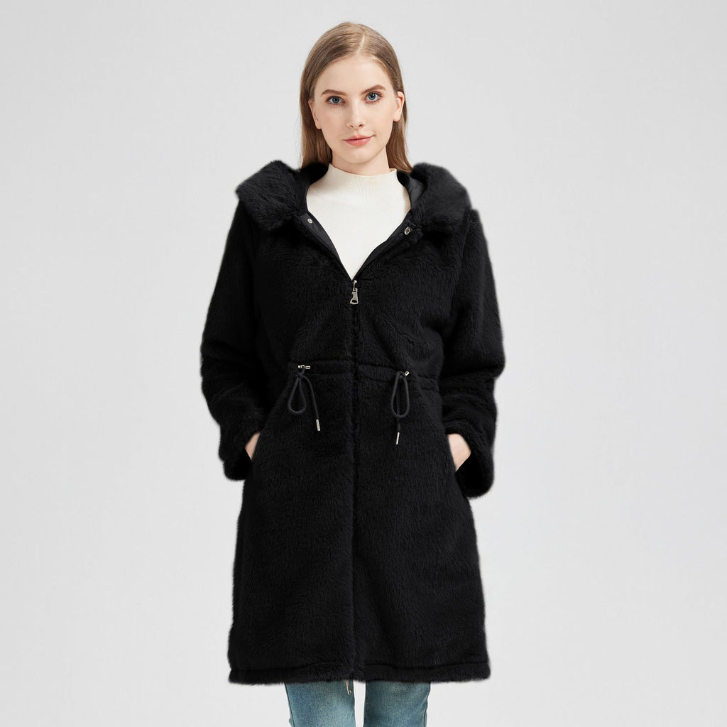 Women's Elegant and Warm Parka with Detachable Faux Fur Collar and Practical Lacing Details