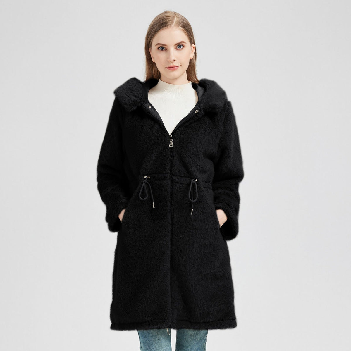 Women's Elegant and Warm Parka with Detachable Faux Fur Collar and Practical Lacing Details