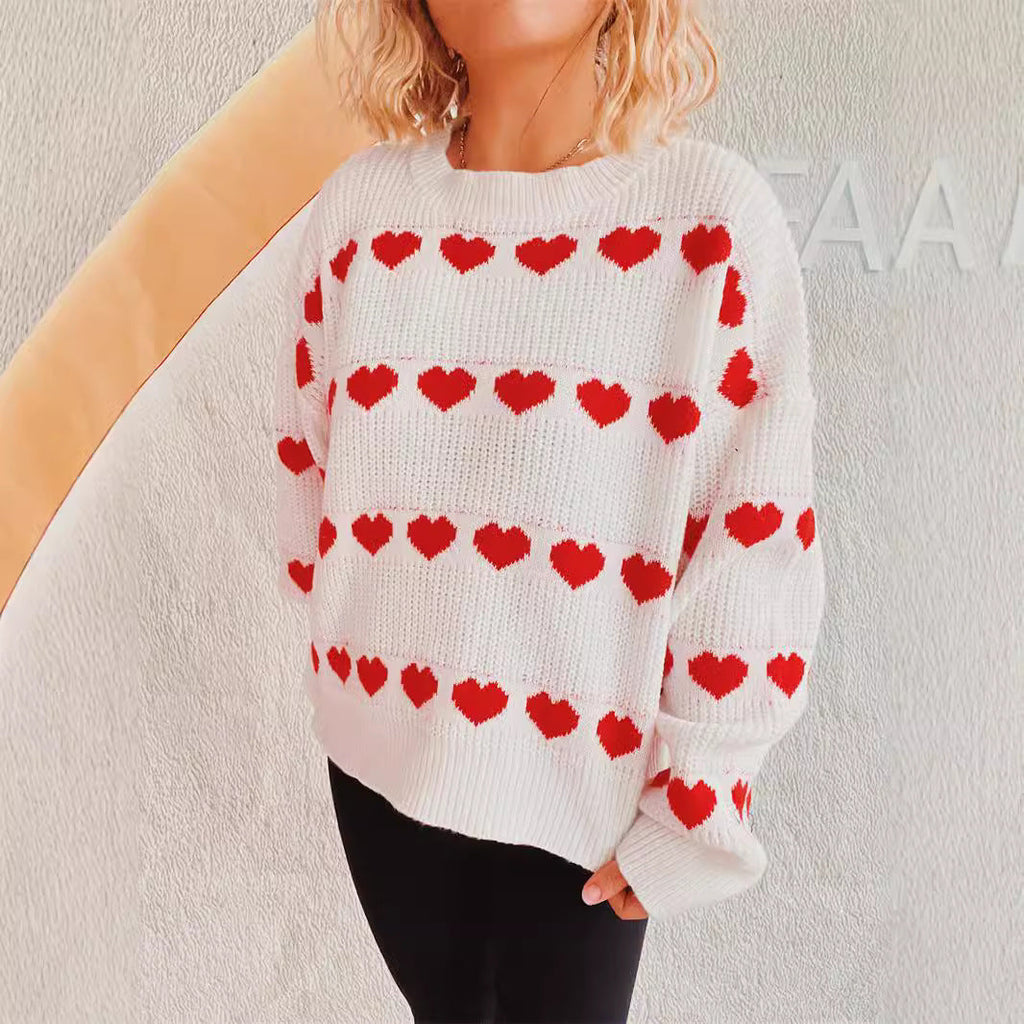 Cozy Heart Pattern Knit Sweater with Wide Sleeves
