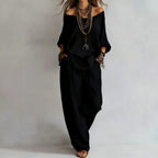 Women's Casual Lightweight Lounge Set with Off-the-Shoulder Neckline and Palazzo Pants