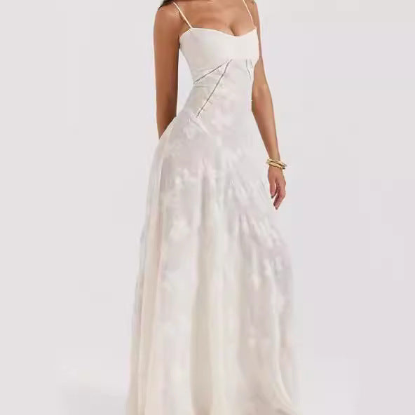 Elegant Evening Dress with Fine Lace Trim and Spaghetti Straps