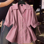 Women's Blouse with Elegant Ruffle Details and Striped Pattern