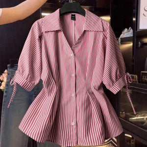 Women's Blouse with Elegant Ruffle Details and Striped Pattern
