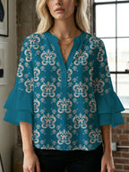 Women's Blouse Shirt with Voluminous Sleeves and Creative Print Design