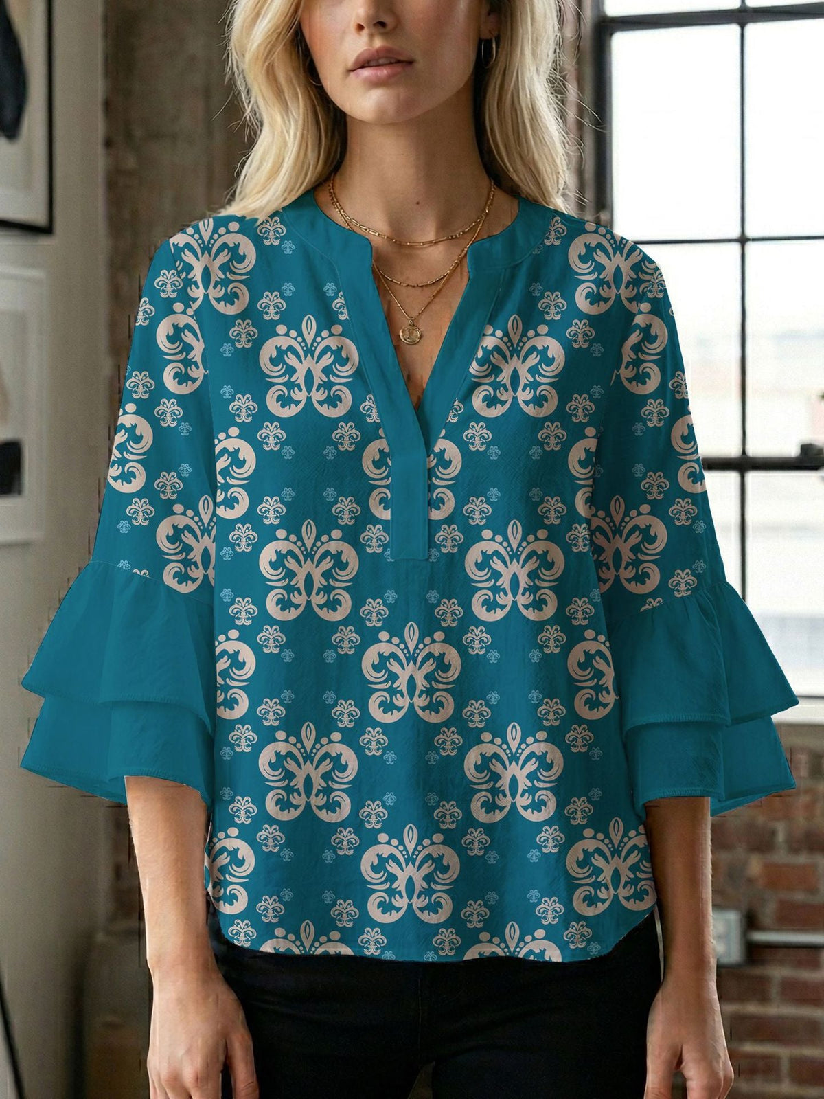 Women's Blouse Shirt with Voluminous Sleeves and Creative Print Design