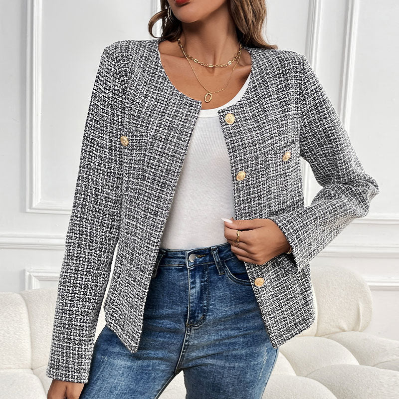 Elegant Women's Tweed Jacket with Double-Breasted Button Placket and Textured Fabric