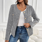 Elegant Women's Tweed Jacket with Double-Breasted Button Placket and Textured Fabric