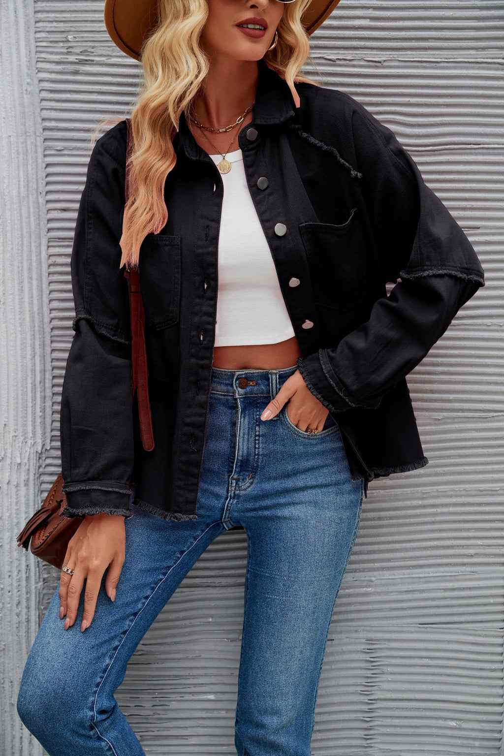 Women's Denim Jacket with Relaxed Fit and Frayed Details