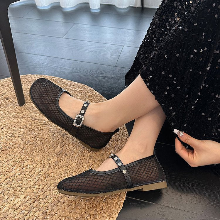 Women's Ballet Flats with Decorative Mesh Design and Sparkling Strap