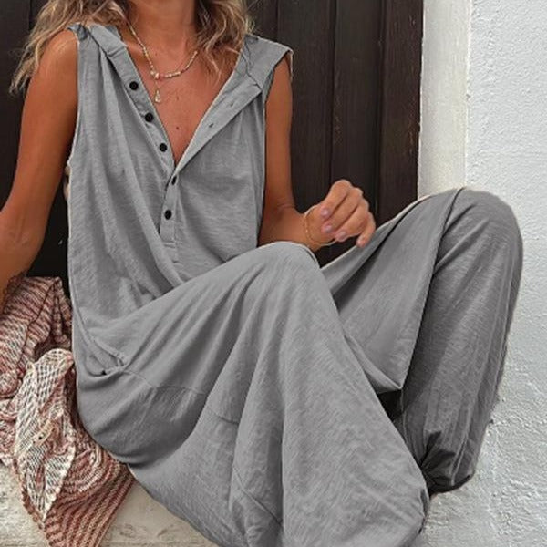 Casual Women's Jumpsuit with Button Closure and Side Pockets
