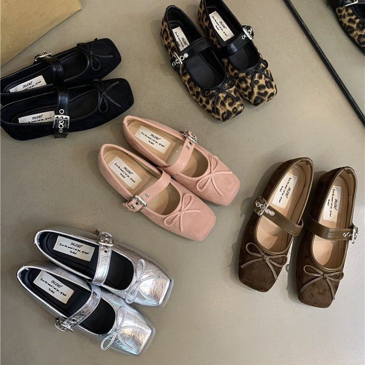 Women's Soft Suede Ballet Flats with Adjustable Strap and Decorative Bow
