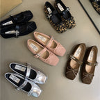 Women's Soft Suede Ballet Flats with Adjustable Strap and Decorative Bow
