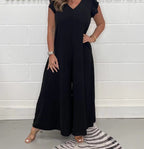 Women's Casual Jumpsuit with Flowing Cut and V-Neck