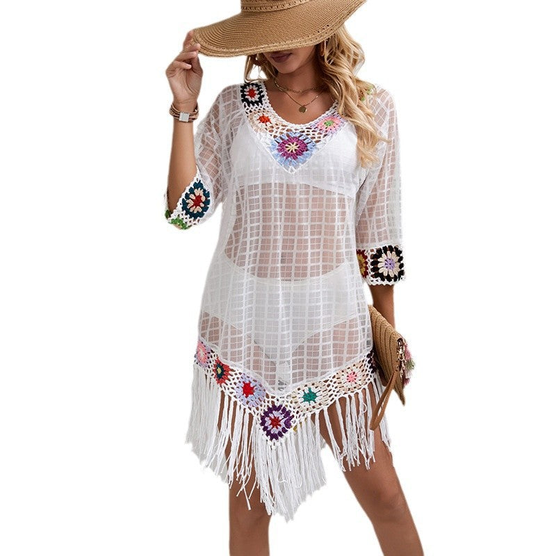 Women's Elegant Sheer Beach Cover-Up with Fringed Crochet Details
