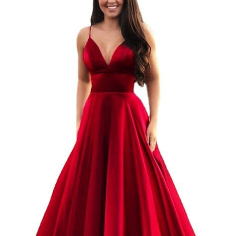Women's A-Line Evening Dress with Deep Neckline and Thin Straps