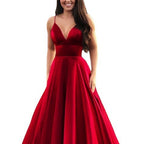 Women's A-Line Evening Dress with Deep Neckline and Thin Straps