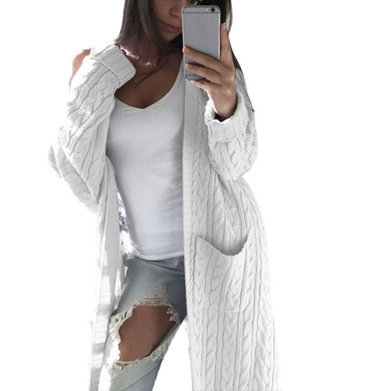Women's Patterned Knit Coat with Pockets and Open Cut