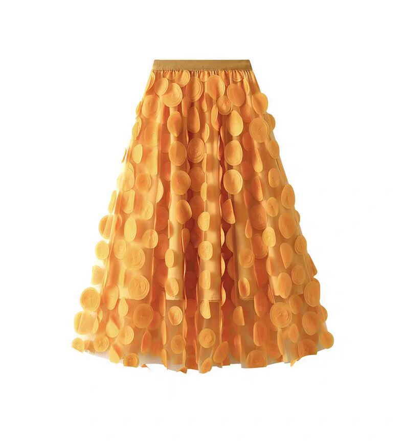 Flared Midi Skirt with Transparent 3D Appliqués and Elastic Waistband