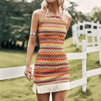 Women's Floor-Length Summer Dress with Ethnic Pattern and Tassels