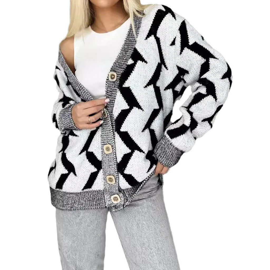 Women's Cozy Knit Cardigan with Modern Lightning Design and Button Closure
