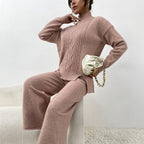 Women's Elegant Knit Suit with High Collar and Colorful Pattern