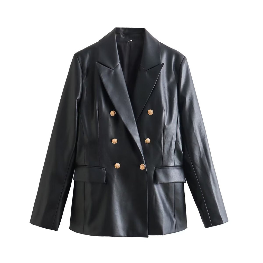 Women's Double-Breasted Faux Leather Blazer