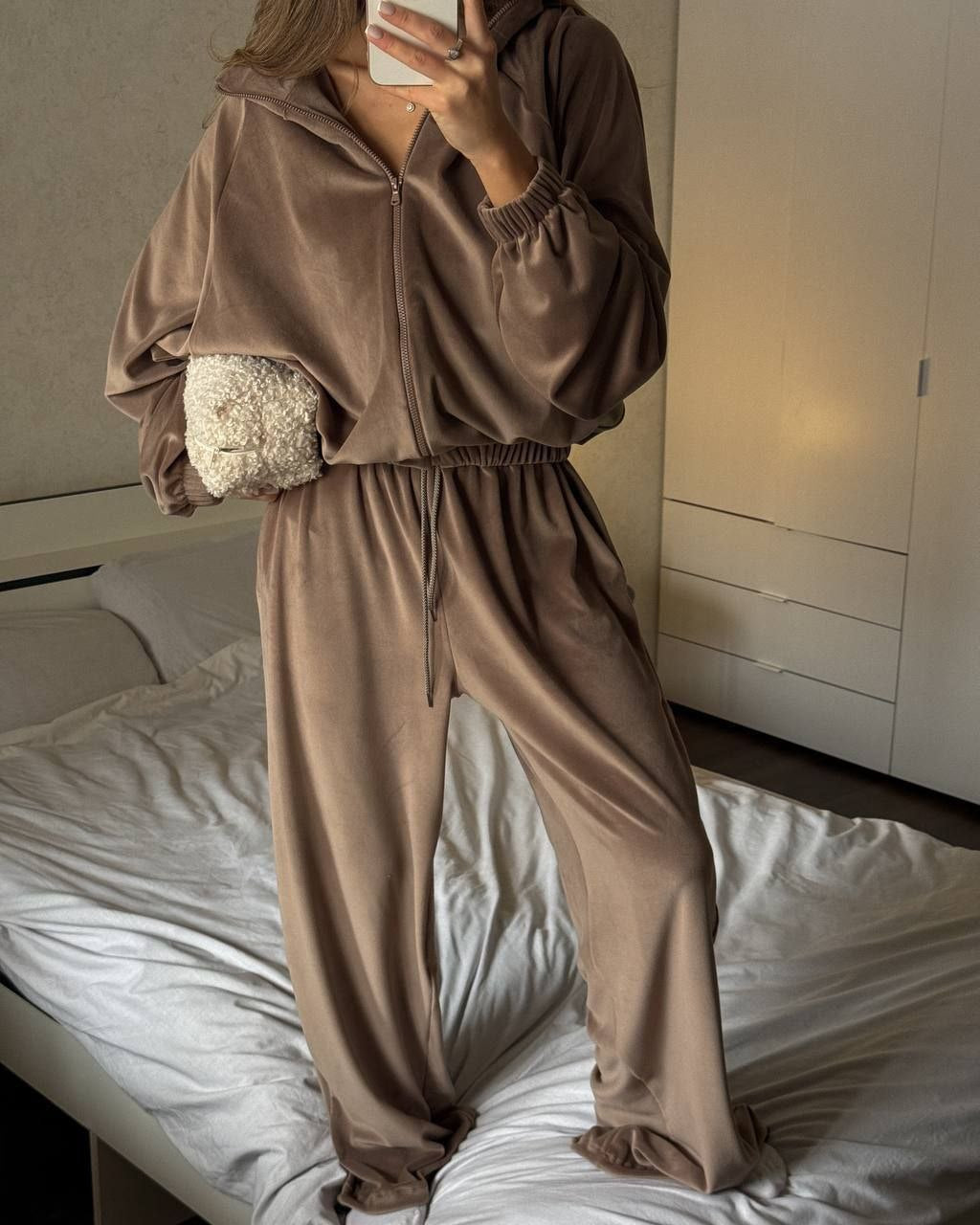 Women's Casual Lounge Two-Piece Set with Oversized Zip Jacket and Wide Leg Pants