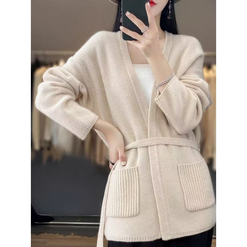 Women's Comfortable Cardigan with Waist Belt and Pockets