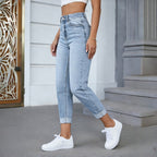Women's High-Waisted Jeans with Frayed Hem