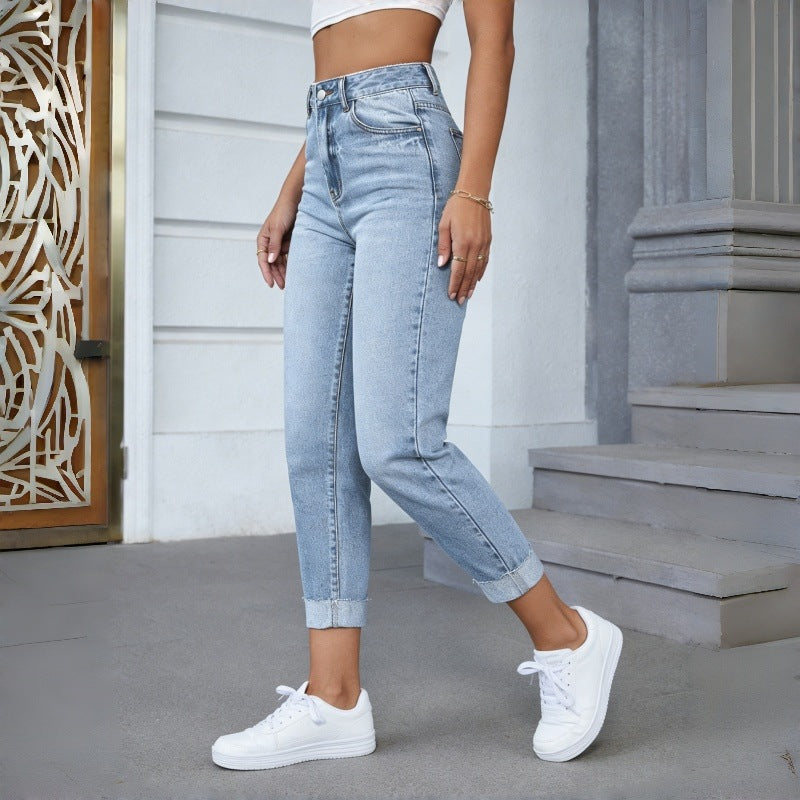 Women's High-Waisted Jeans with Frayed Hem