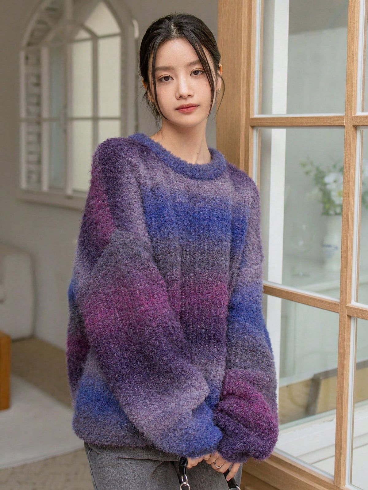 Women's Fluffy Sweater with Textured Gradient and Loose Fit