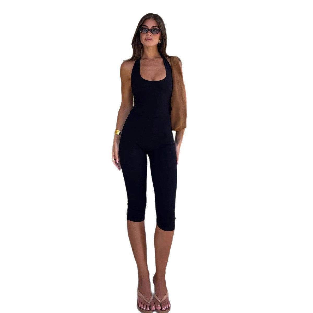 Women's Long-Sleeve Jumpsuit with Deep Neckline and Fitted Design