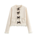 Women's Bouclé Jacket with Elegant Bows and Fringes
