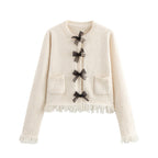 Women's Bouclé Jacket with Elegant Bows and Fringes