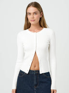 Women's Form-Fitting Knit Cardigan with Button Placket and Long Sleeves