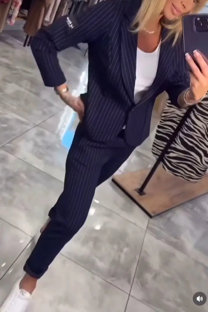 Women's Elegant Pinstripe Blazer and Trouser Set