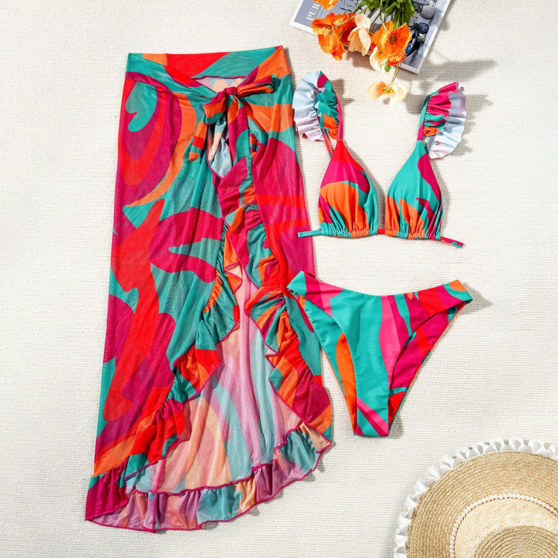 Women's Fringed Swimsuit Set with Colorful Pattern